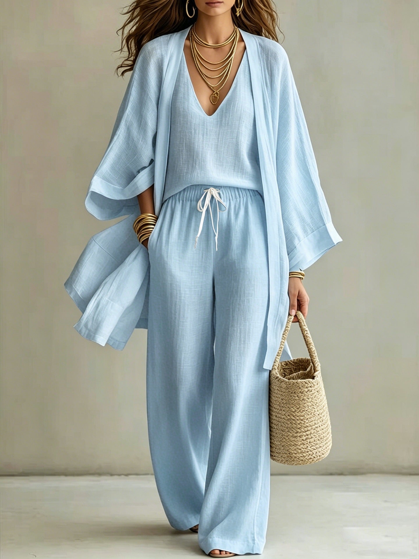 Loose cardigan sleeveless vest long pants three piece set for women-7