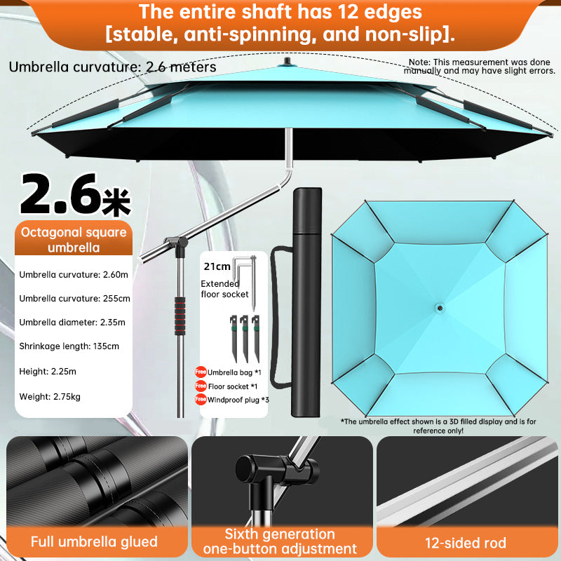 2.0-2.6m Octagonal Fishing Umbrella Portable Beach Sun Shade Camping Parasol UV Waterproof with Carry Bag-4