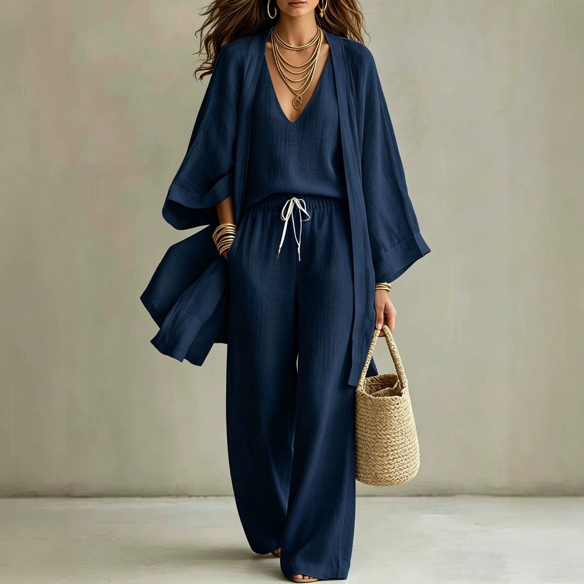 Loose cardigan sleeveless vest long pants three piece set for women-4