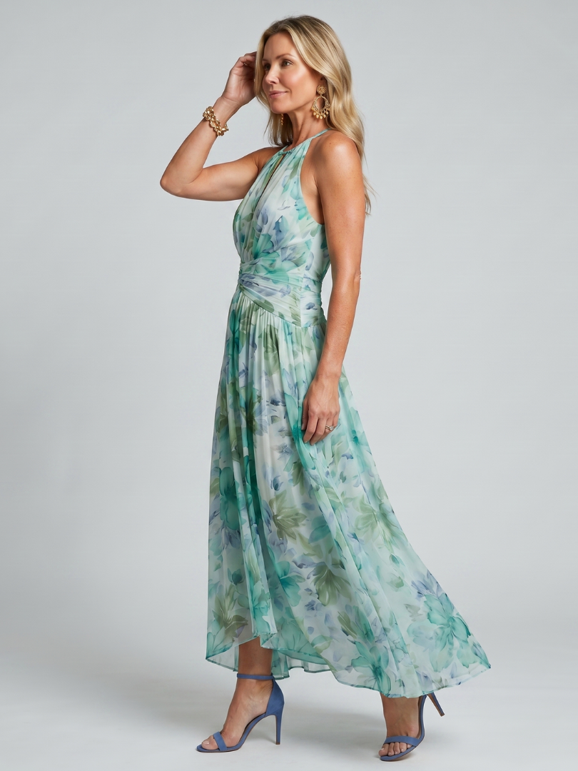Portia | Pleated Halter Soft Floral Pattern Midi Dress-2