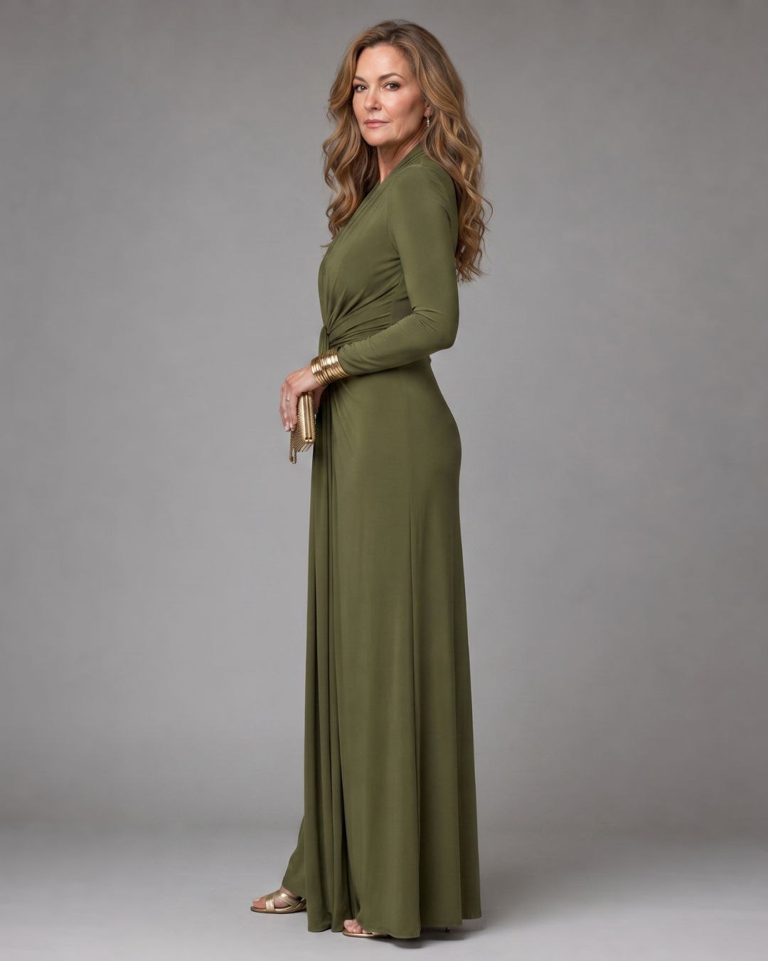 Vimmer | Draped Deep V Neck Long Sleeve Maxi Dress-2