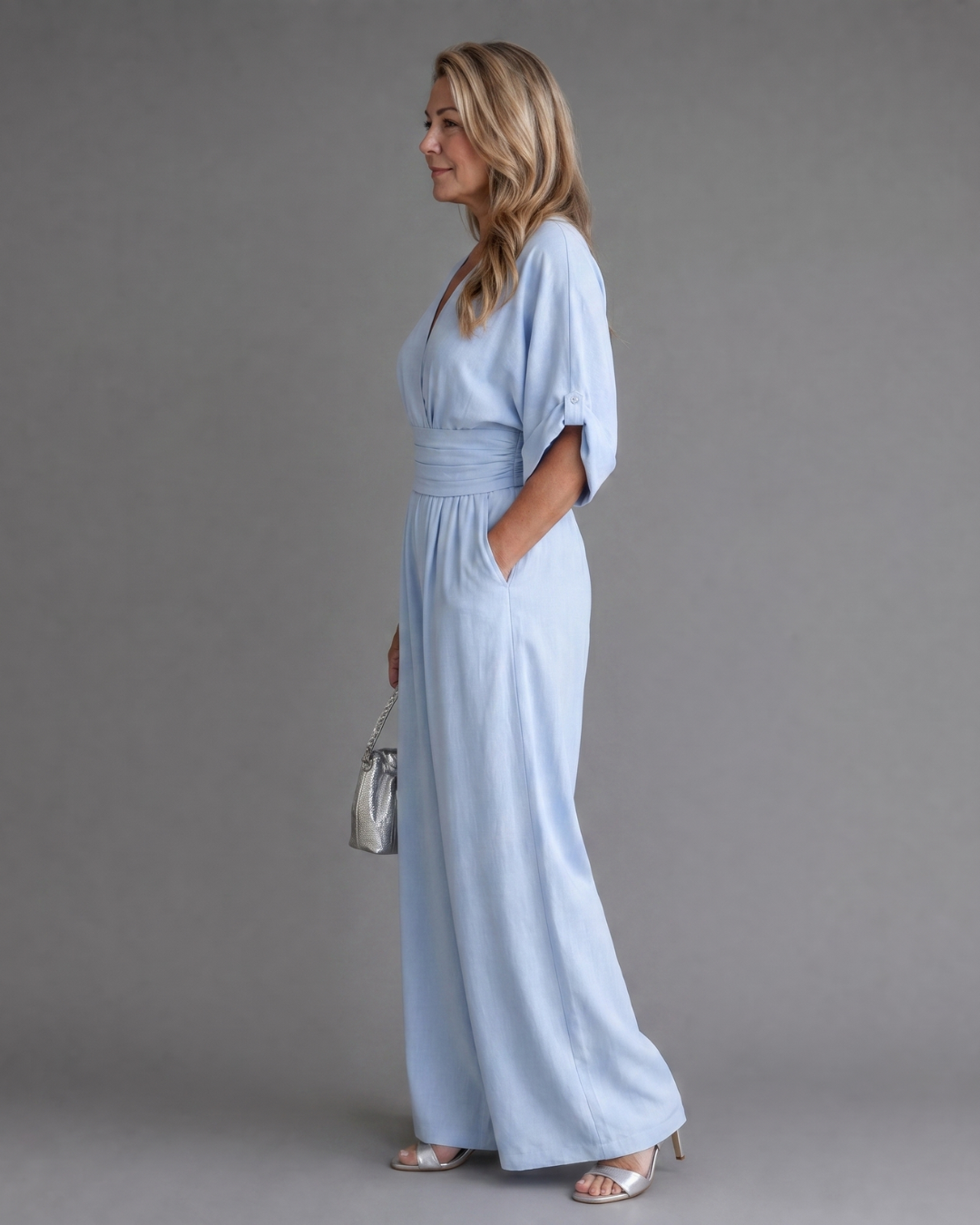 Emene | Draped V Neck Wide Leg Relaxed Jumpsuit-3