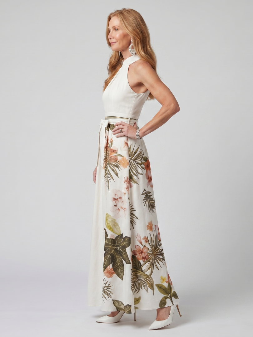Meadow | Draped Halter Botanical Panel Maxi Dress-2