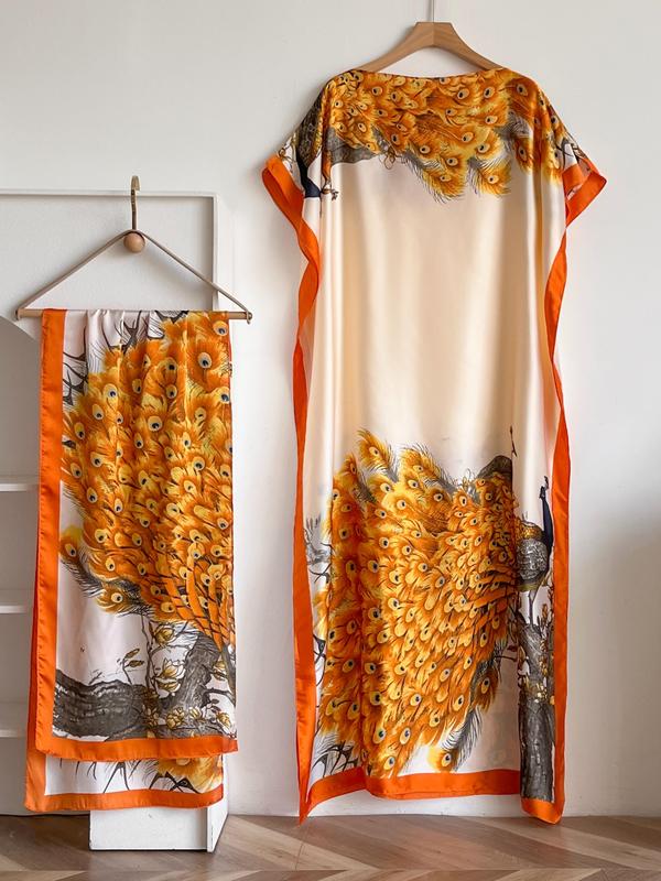 Women's Peacock Print Cape Shawl & Scarf Set – Elegant Beach Swim Cover-Up-10