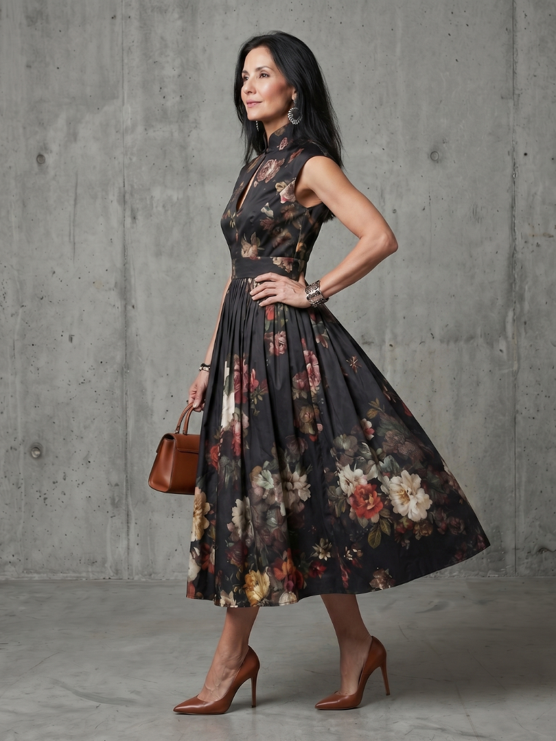 Greta | High Neck Keyhole Floral Pleated Midi Dress-2