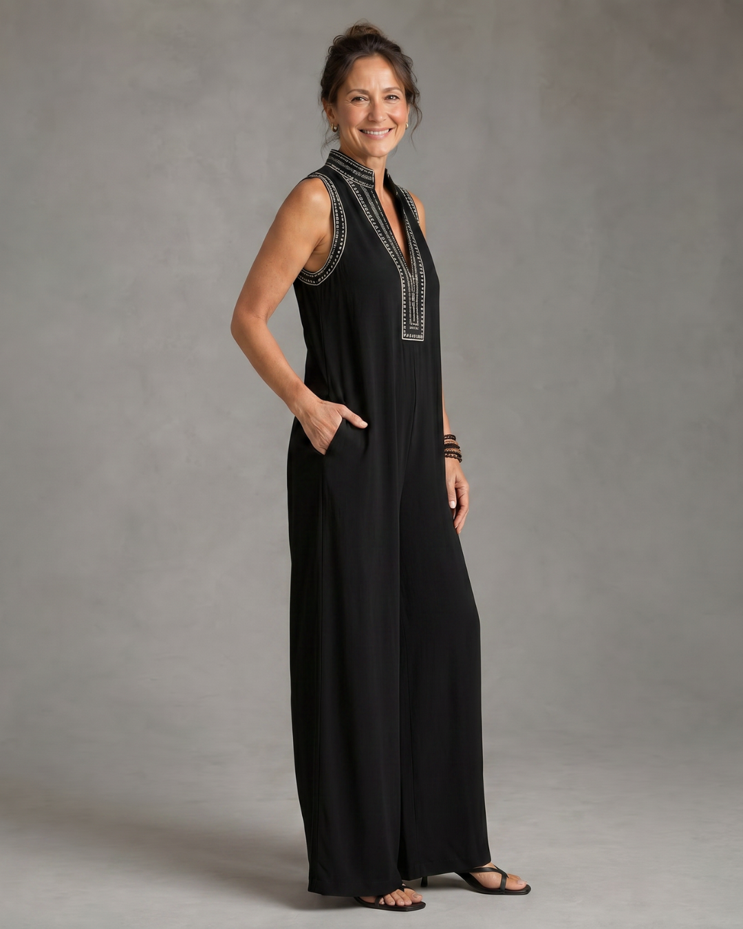Velmira | Embroidered V Neck Sleeveless Wide Leg Jumpsuit-2