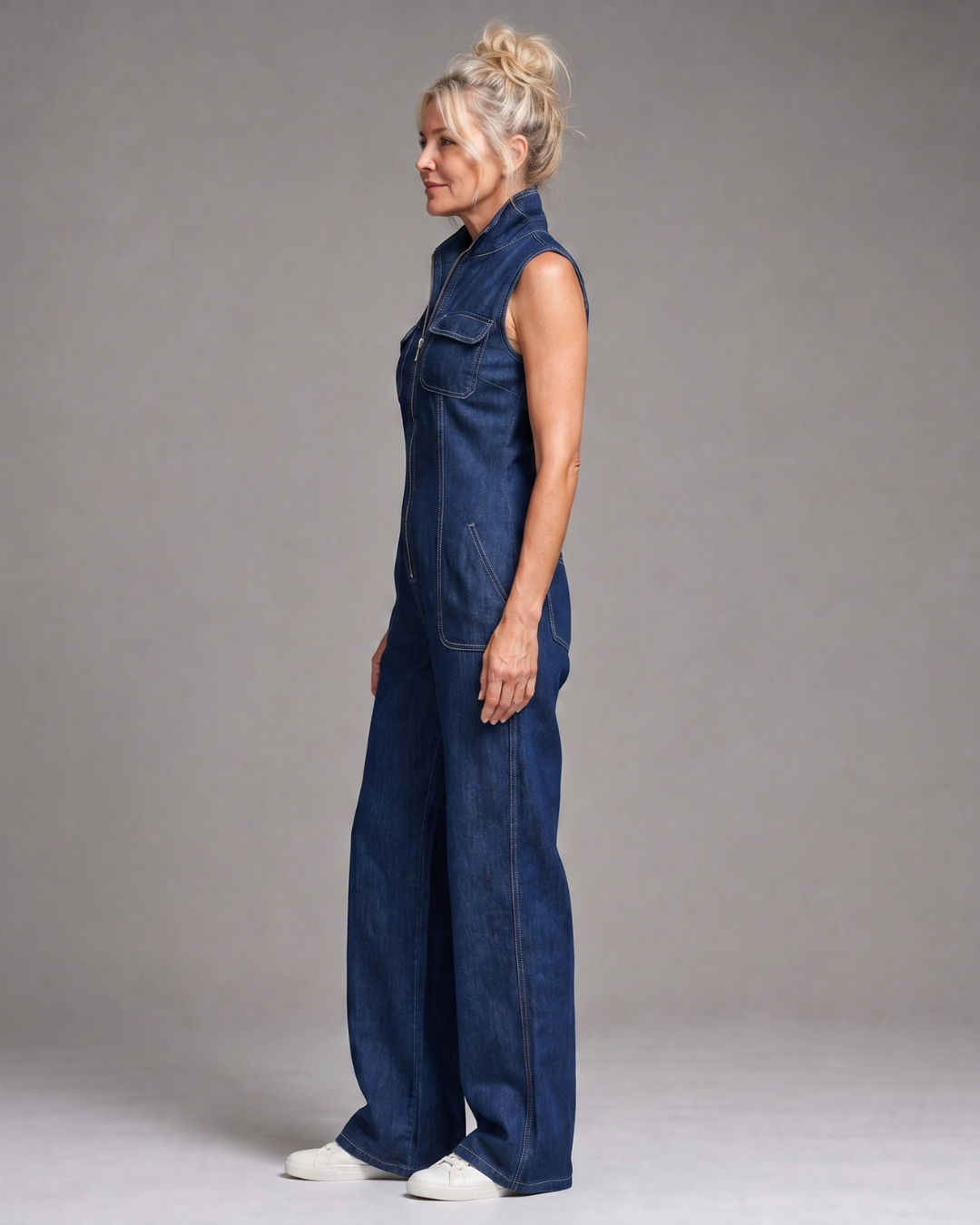 Samantha | Zip Front Sleeveless Denim Wide Leg Jumpsuit-3