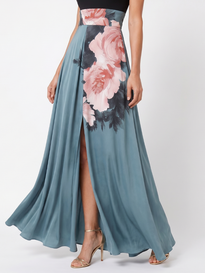 Olympas | Halter Bodice Floral Skirt Maxi Dress-3