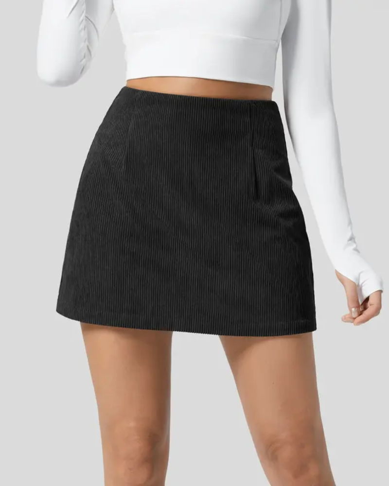 High Waisted Invisible Zipper 2-in-1 Mini A-line Corduroy Casual Skirt-5