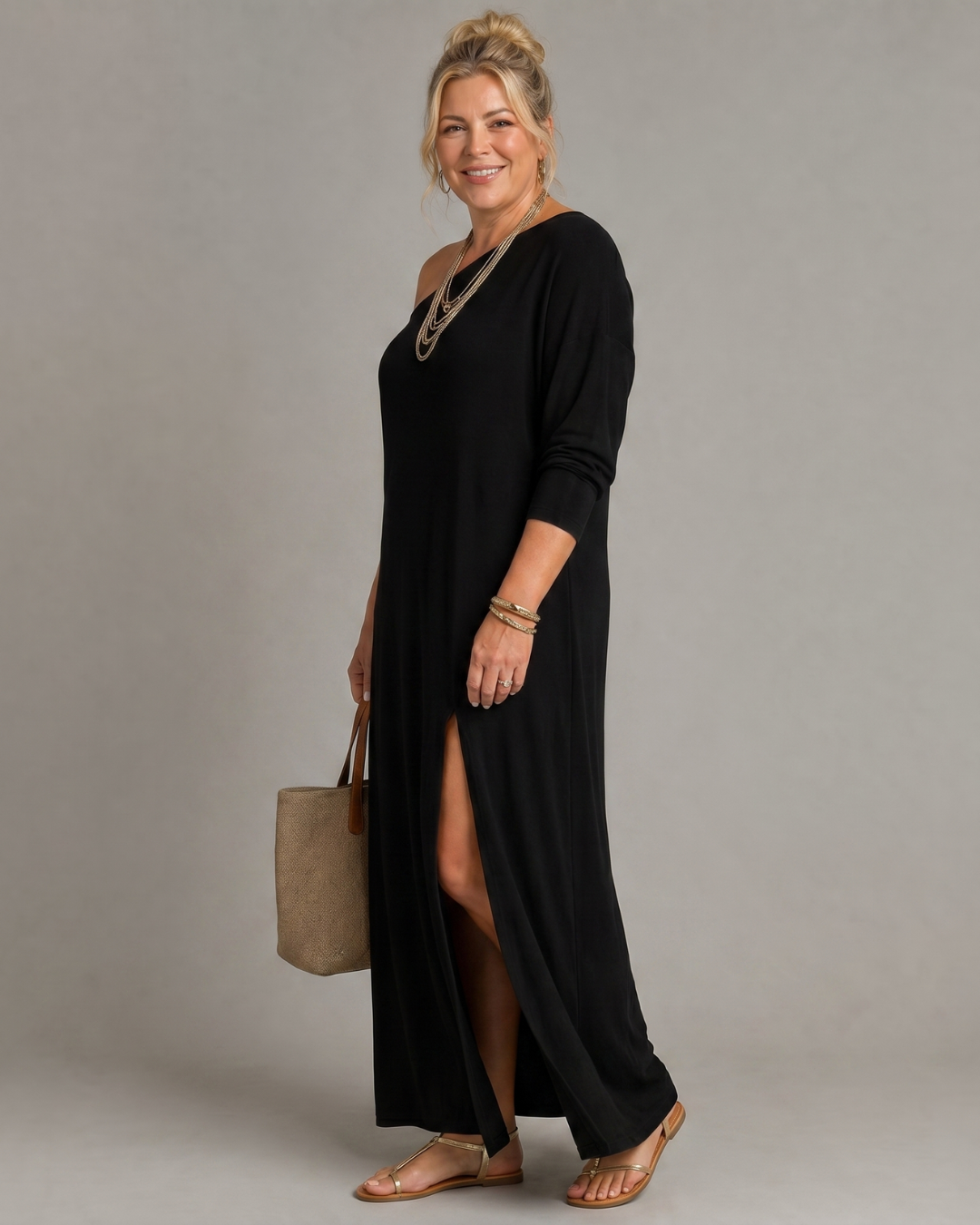 Asterelle | One Shoulder Side Slit Flowing Midi Dress-2
