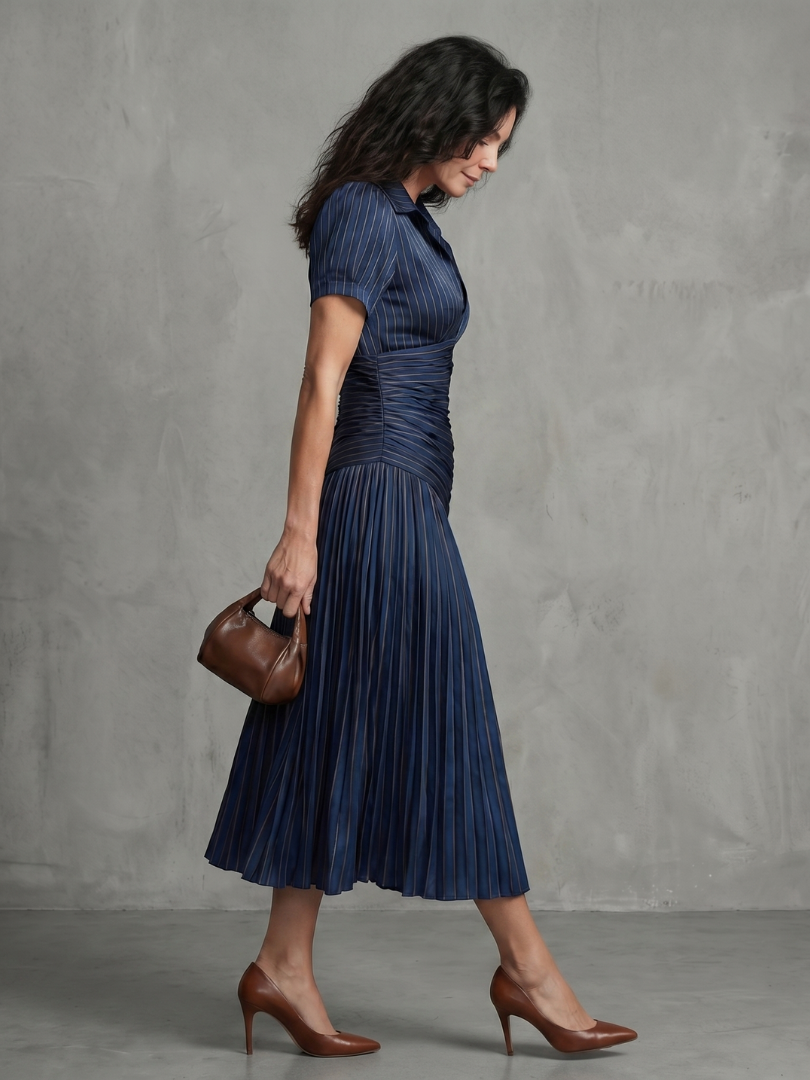 Theodora | Pleated Waistline Stripe Midi Dress-3
