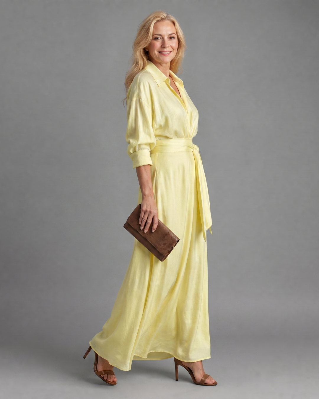 Zelith | Belted Collared Flowing Long Sleeve Midi Dress-3