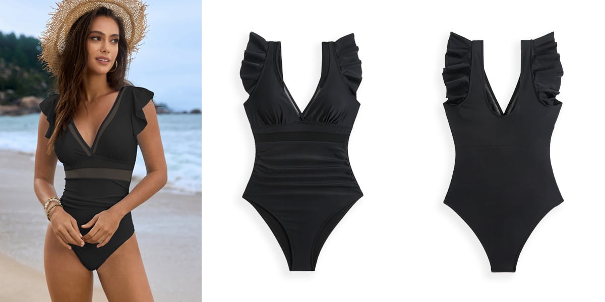 Mesh Patchwork Solid Color One Piece Swimsuit-11