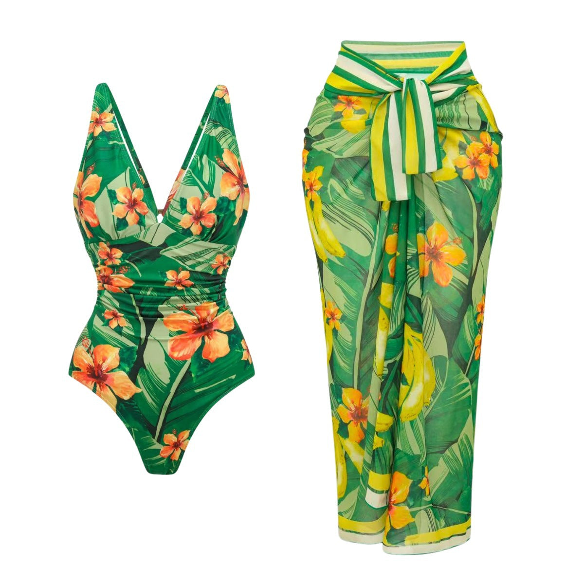 Green Single Shoulder Ruffle Design One-Piece Swimwear Set for Women-5