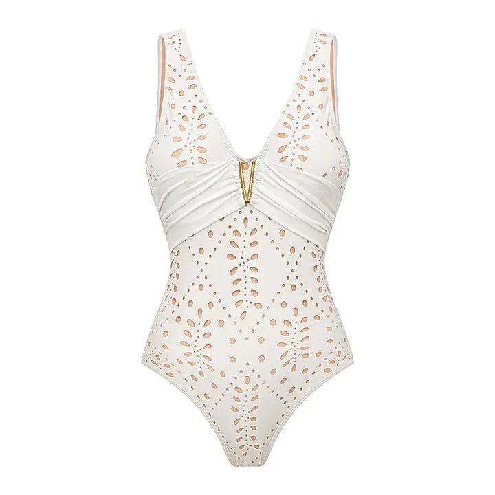 Women's V Neck White Laser Cut One Piece Swimsuit-7