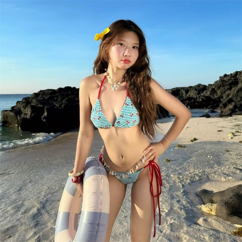 Three-point tie bikini with little cherry floral print women's two-piece swimsuit-5