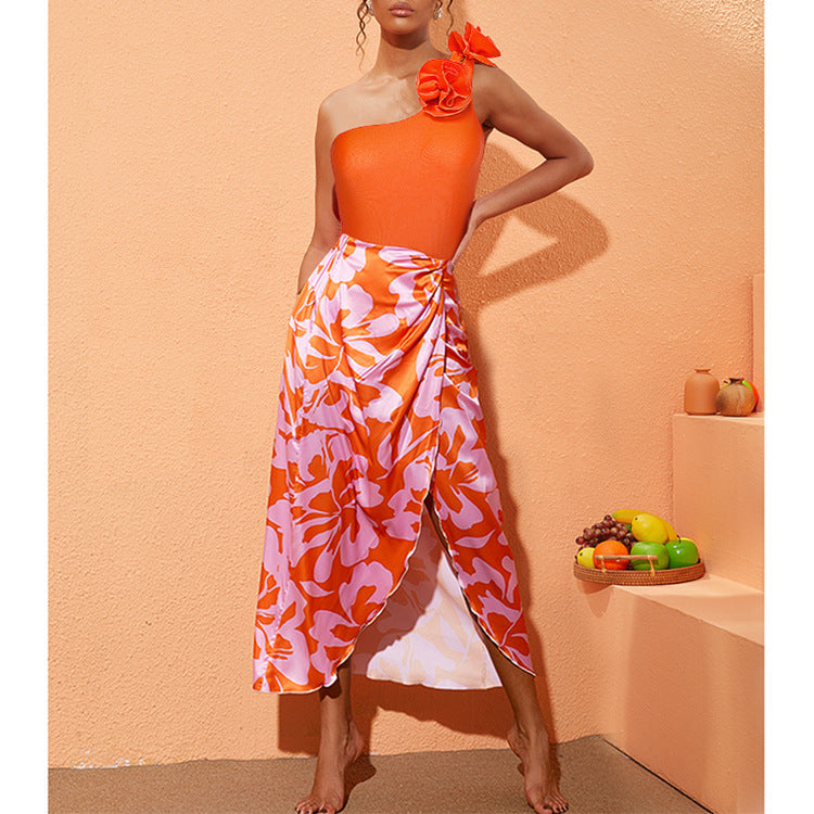 Floral Decorated Off-Shoulder One-Piece Swimsuit Dress Swimwear