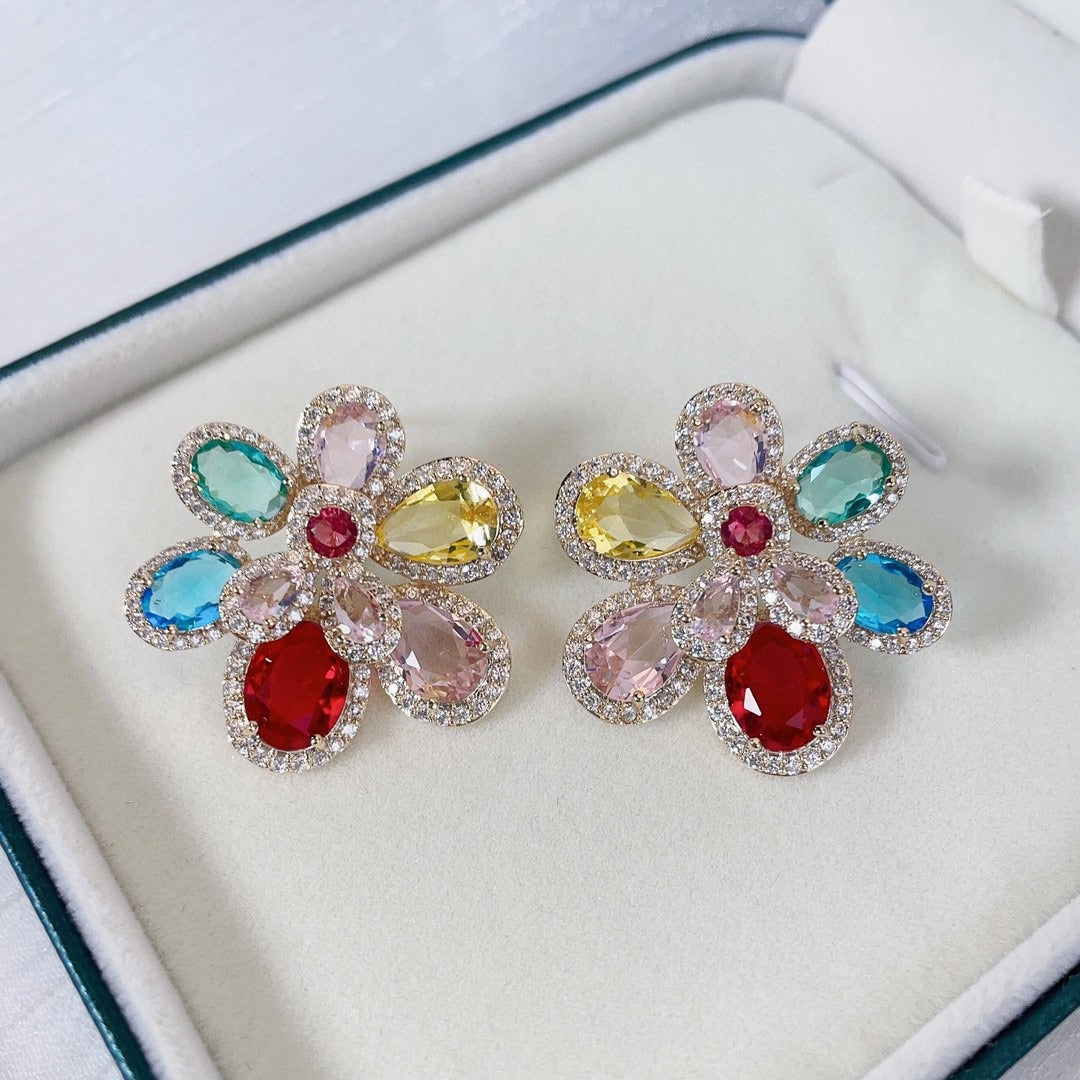 flower earrings with micro inlaid zircon earrings, trendy accessories-3