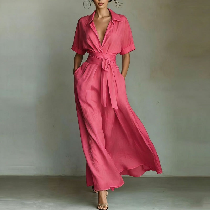 Solid color waist slimming dress-8