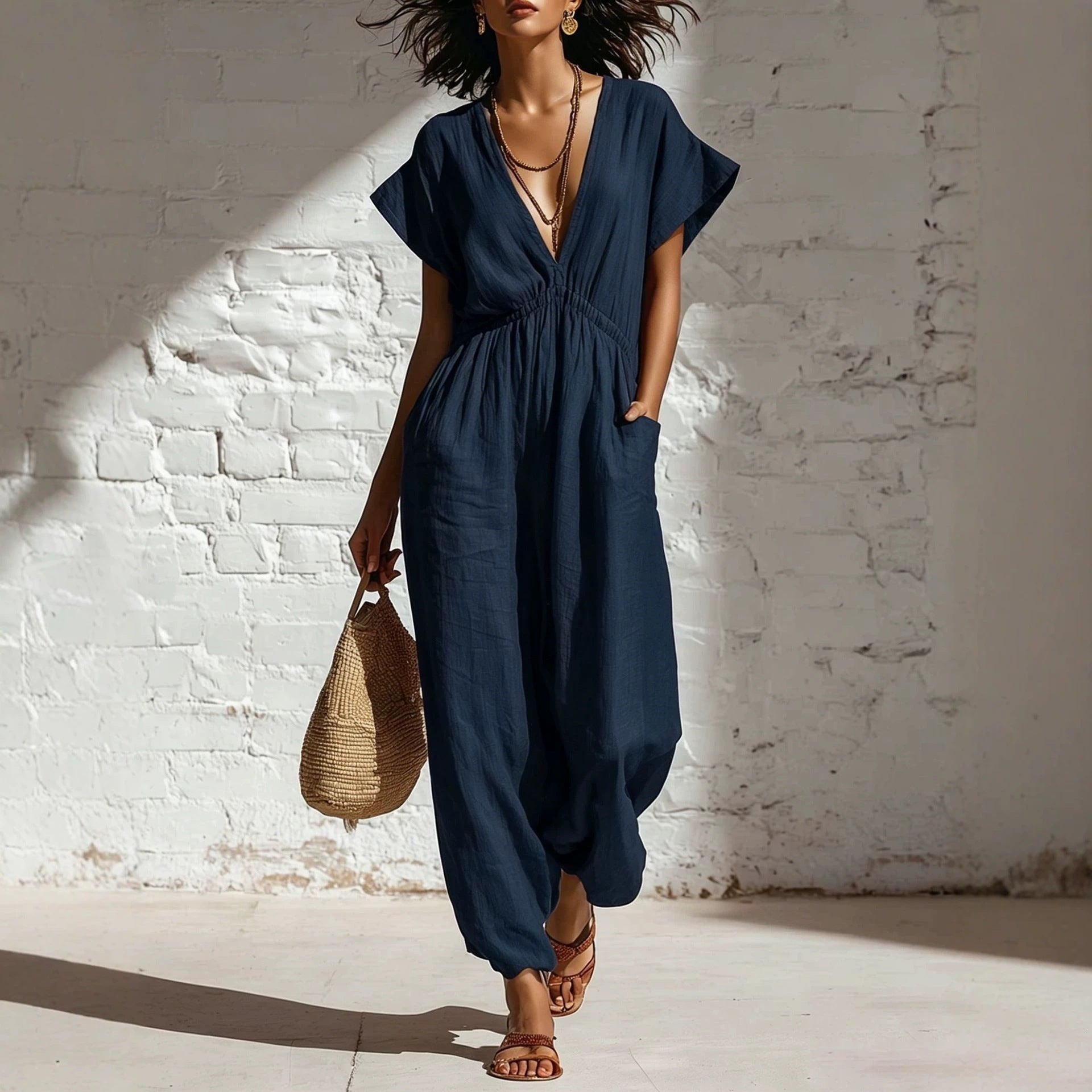 Deep V-neck loose fit pants for women-3