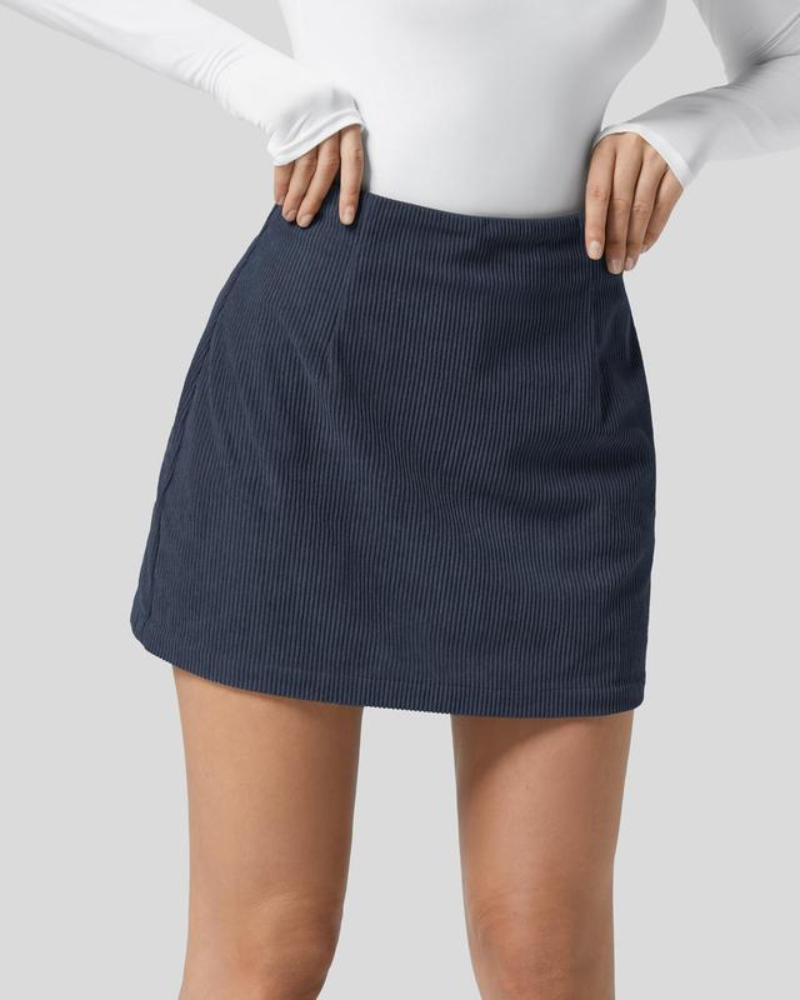 High Waisted Invisible Zipper 2-in-1 Mini A-line Corduroy Casual Skirt-4
