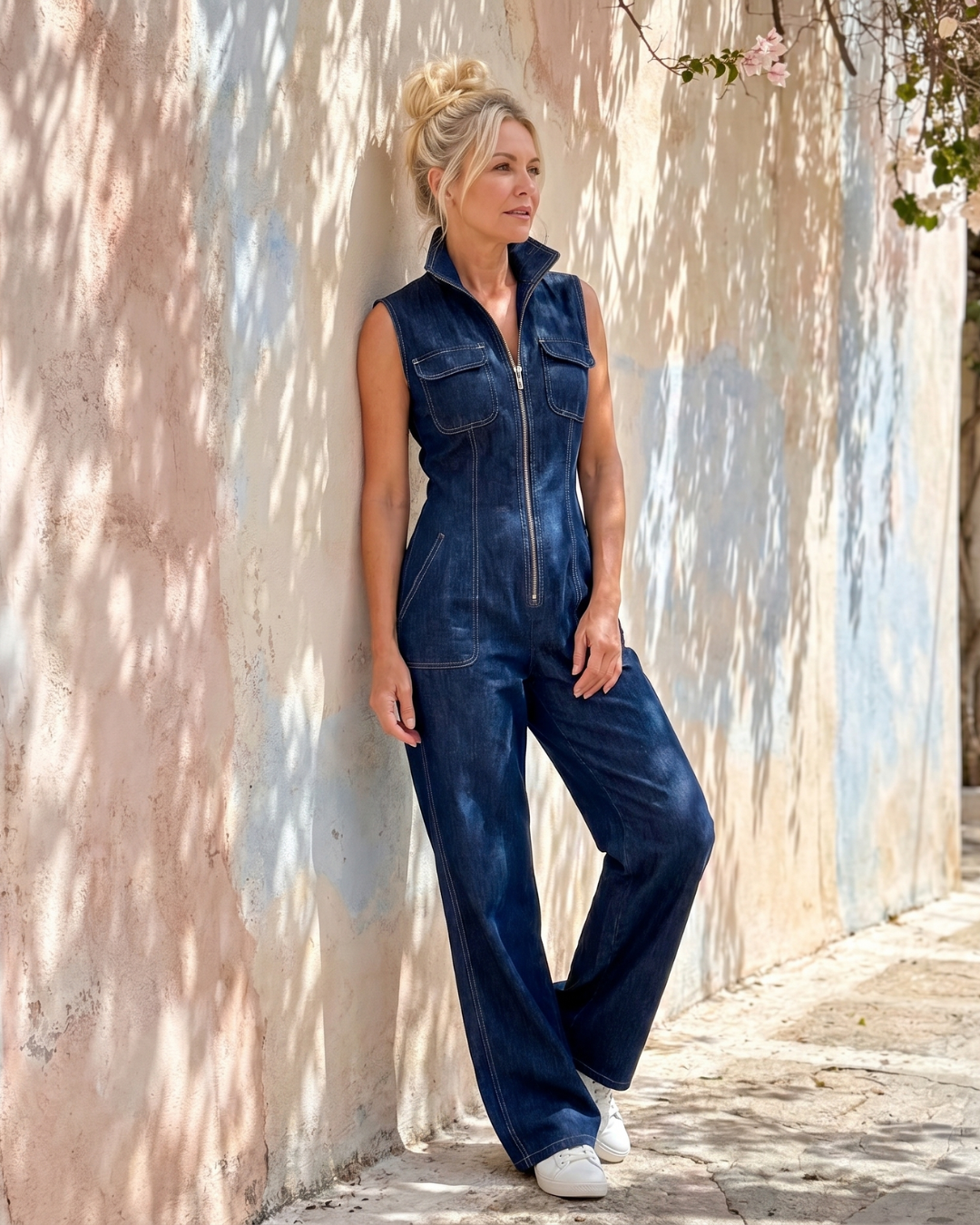 Samantha | Zip Front Sleeveless Denim Wide Leg Jumpsuit-4