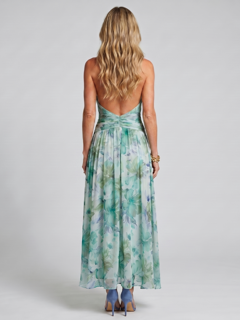 Portia | Pleated Halter Soft Floral Pattern Midi Dress-4