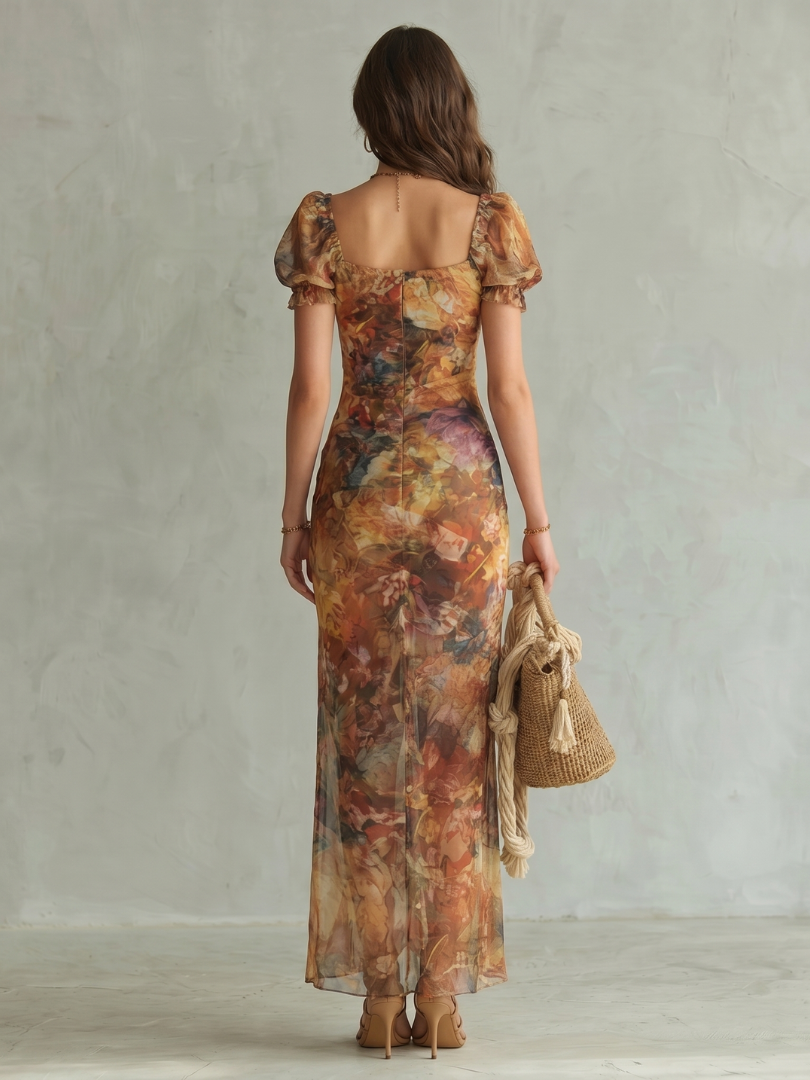 Ciel | Ruffled Sleeve Ruched Slit Midi Dress-4