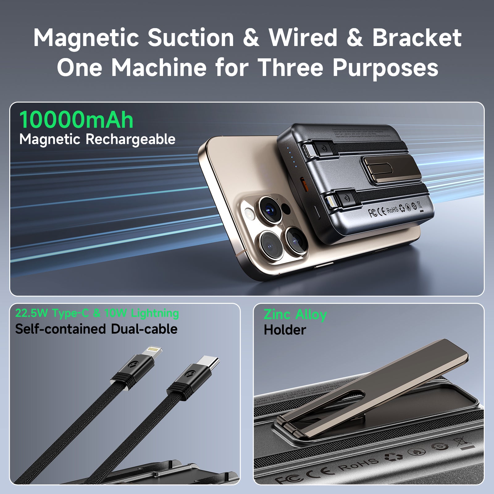 TRUSMI 10000mAh Magnetic Wireless Power Bank with C+L Cable & Kickstand 15W-8