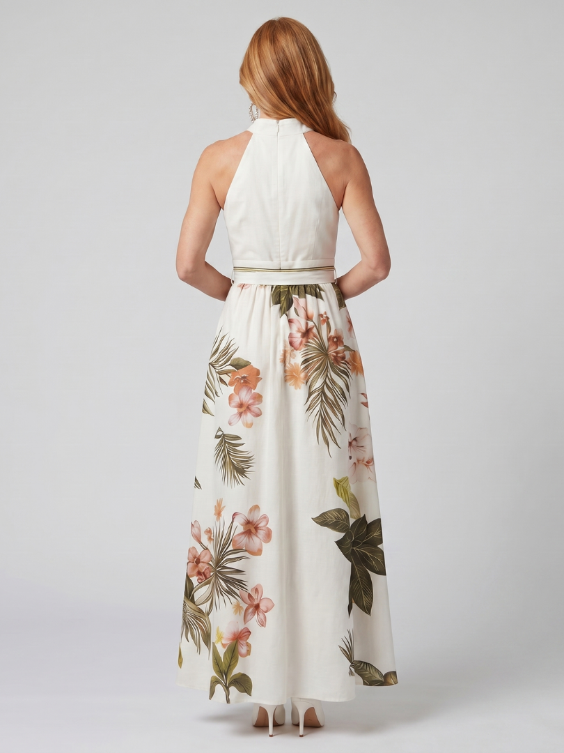 Meadow | Draped Halter Botanical Panel Maxi Dress-4