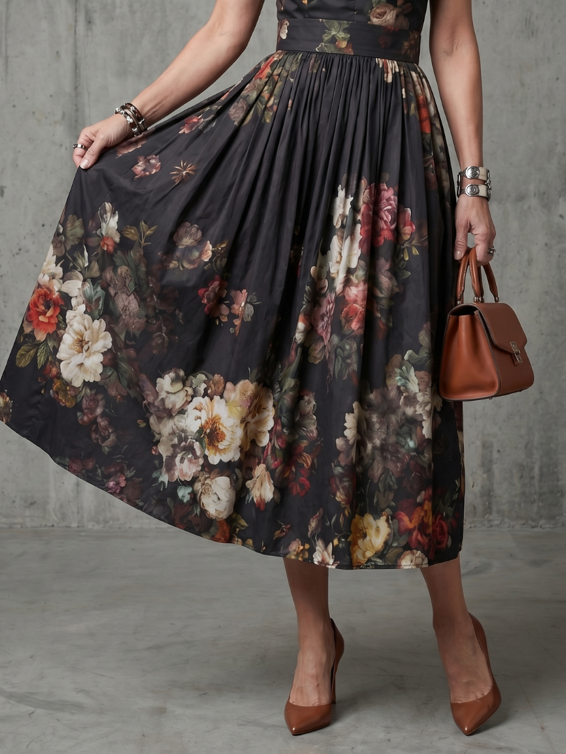 Greta | High Neck Keyhole Floral Pleated Midi Dress-4