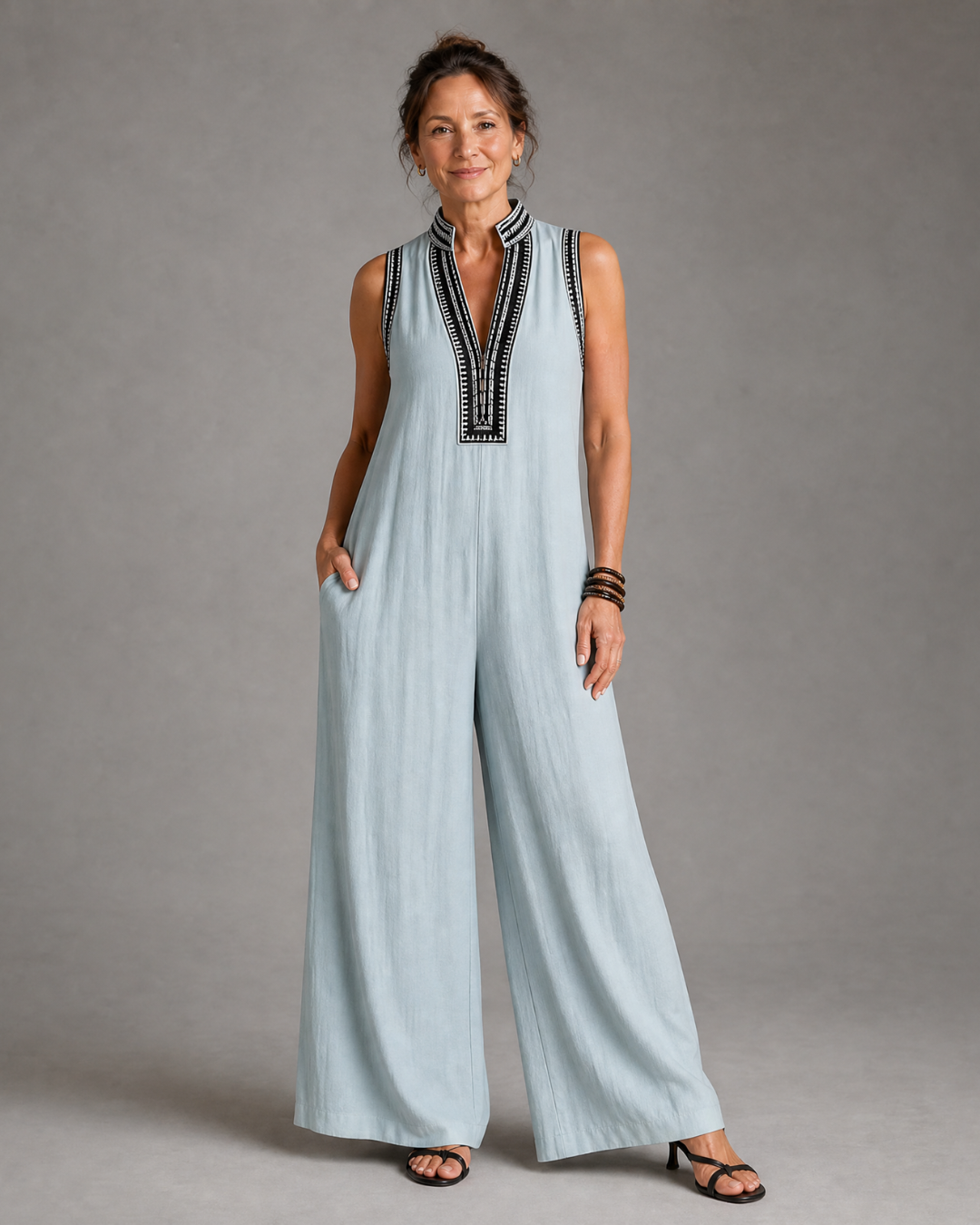 Velmira | Embroidered V Neck Sleeveless Wide Leg Jumpsuit-4