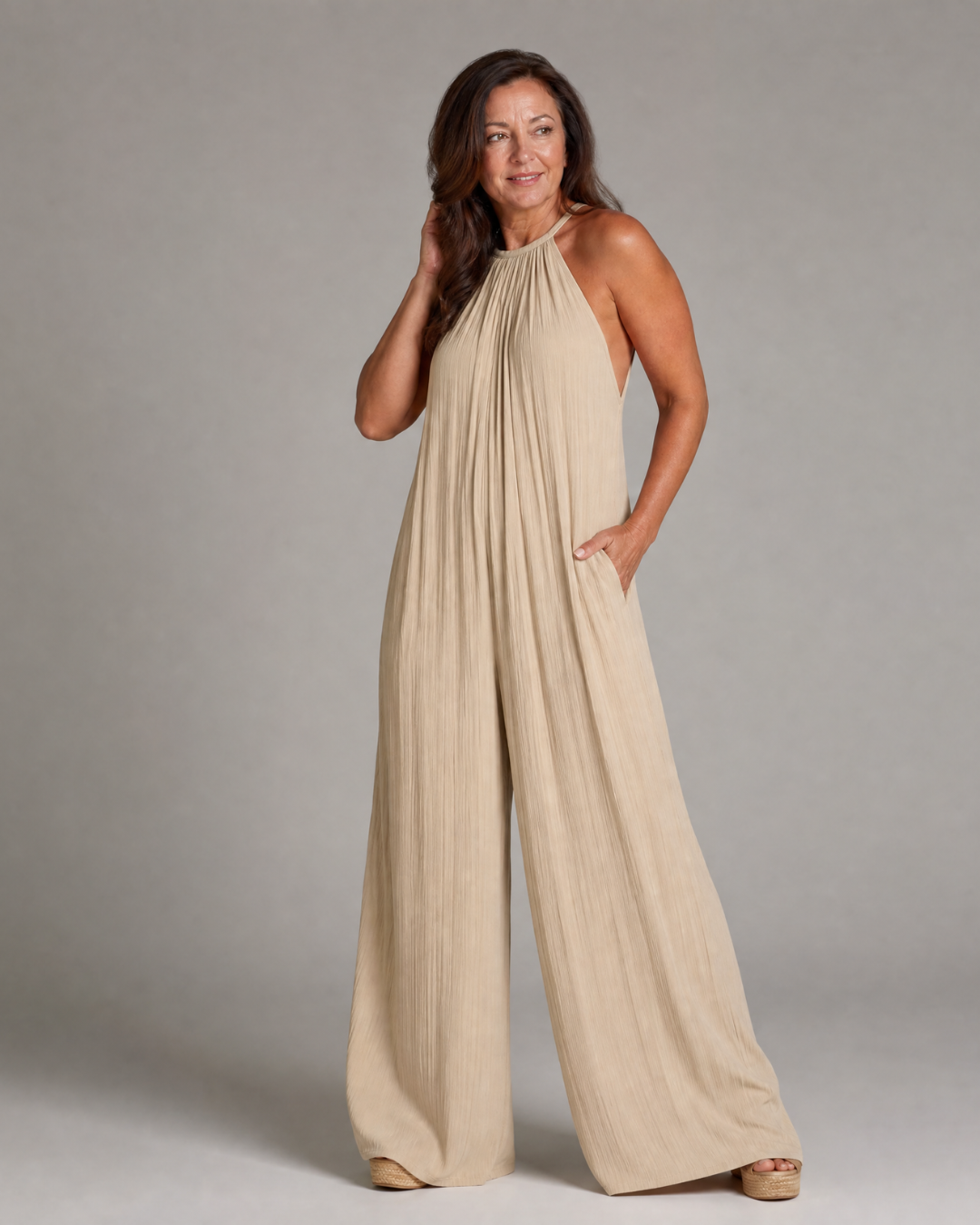 Sylvara | Pleated Halter Neck Wide Leg Relaxed Jumpsuit-4