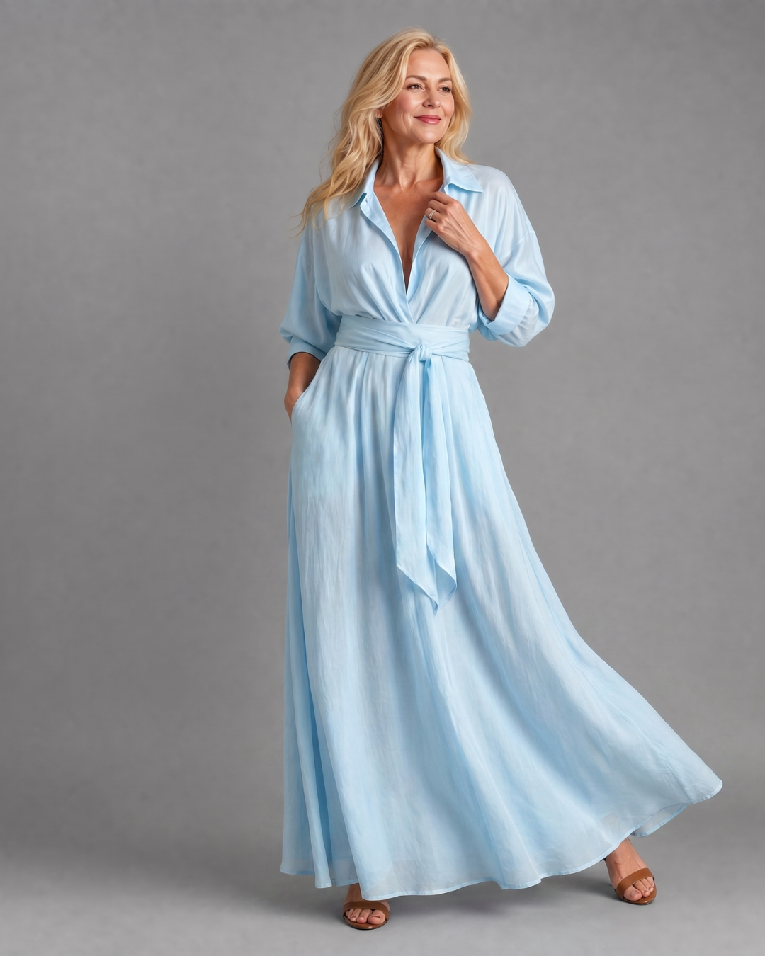 Zelith | Belted Collared Flowing Long Sleeve Midi Dress-4