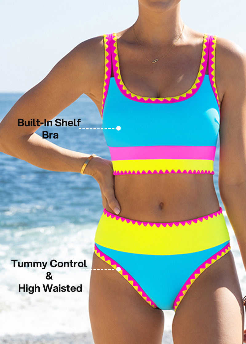 Color Contrast Patchwork Nylon Sporty 3 Piece Bikini Sets-4