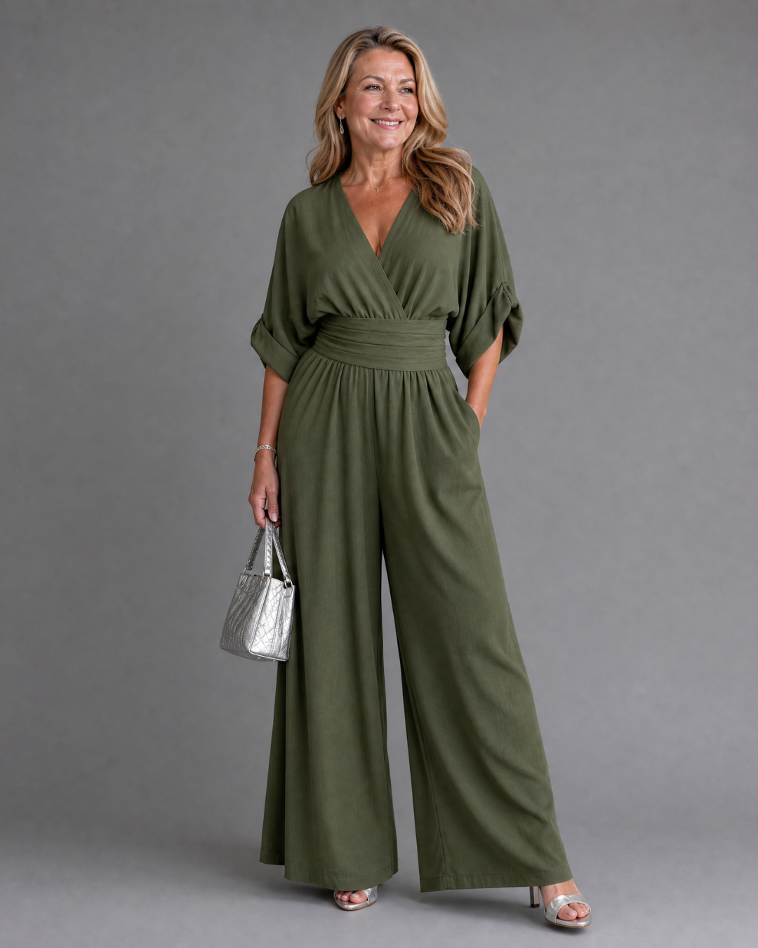 Emene | Draped V Neck Wide Leg Relaxed Jumpsuit-4