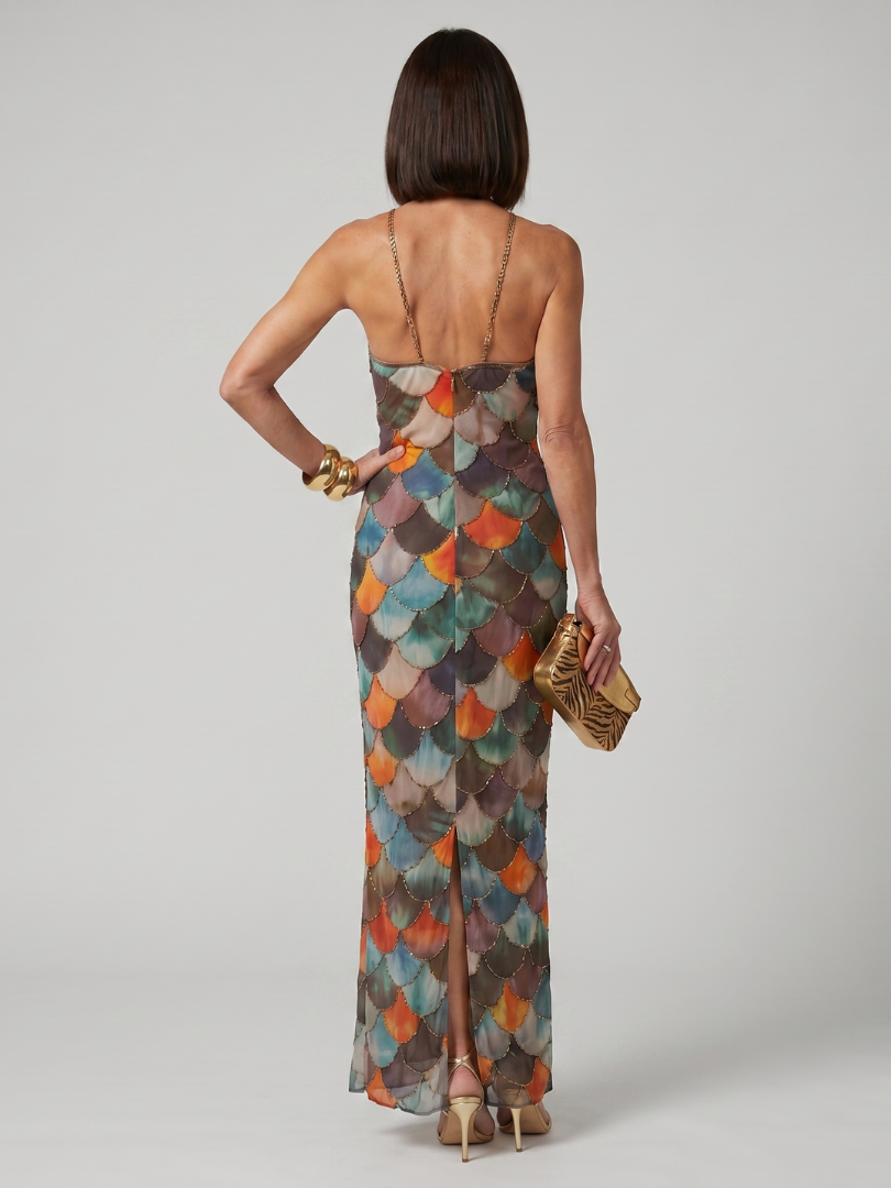 Larkin | Fitted Multicolor Scale Pattern Maxi Dress-4