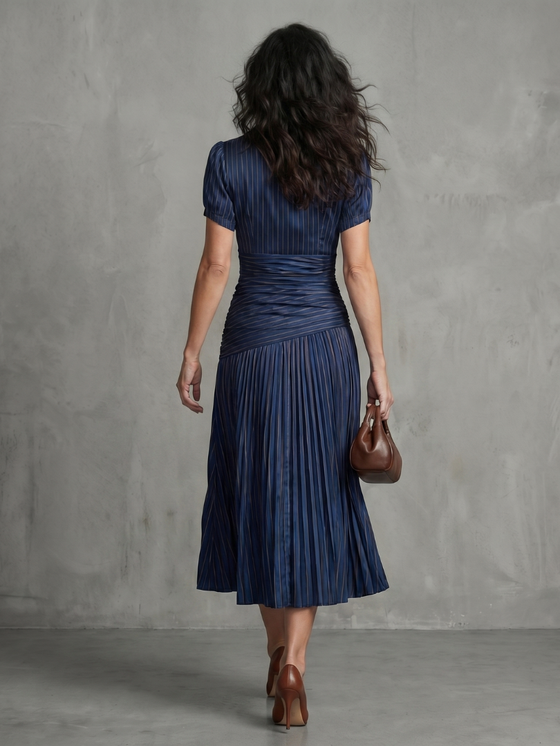 Theodora | Pleated Waistline Stripe Midi Dress-4