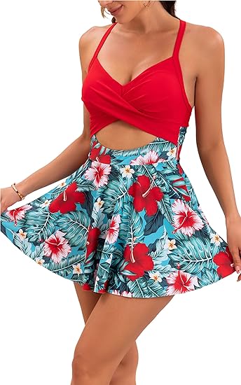 Women’s Tankini Skirt Swimsuit with Chest Pad-3