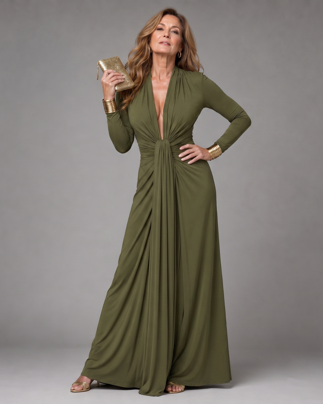 Vimmer | Draped Deep V Neck Long Sleeve Maxi Dress-4