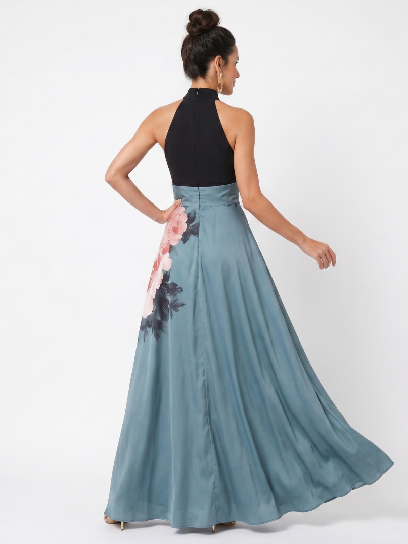 Olympas | Halter Bodice Floral Skirt Maxi Dress-4