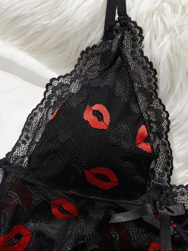 Women's Lip Print Lace Trim Cami Nightdress & Thong Sexy Lingerie Set-8