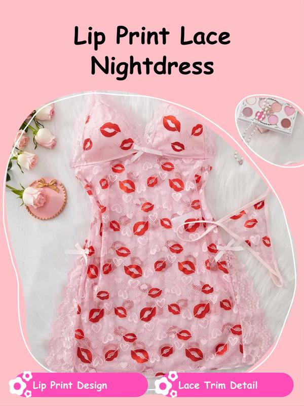 Women's Lip Print Lace Trim Cami Nightdress & Thong Sexy Lingerie Set-2