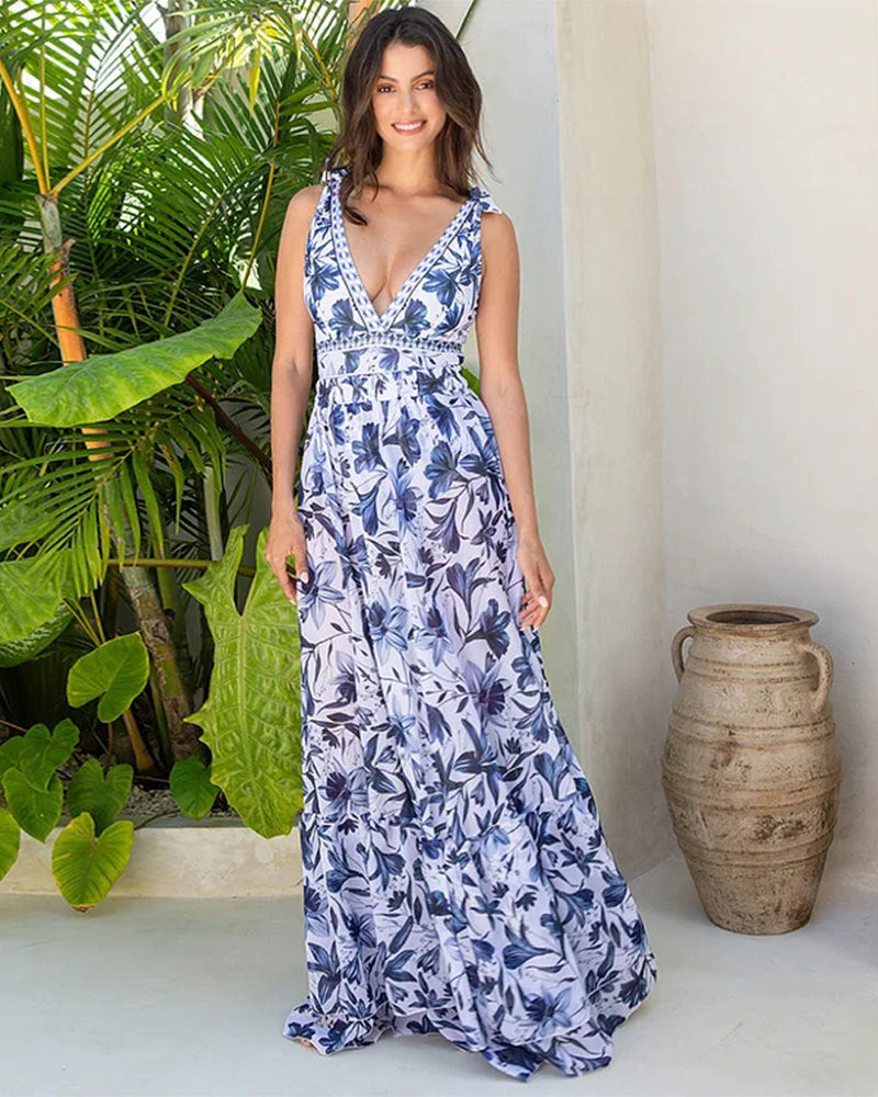 V Neck Lace Up Strip Plant Prints One Piece Swimsuit and Skirt/Sarong-1