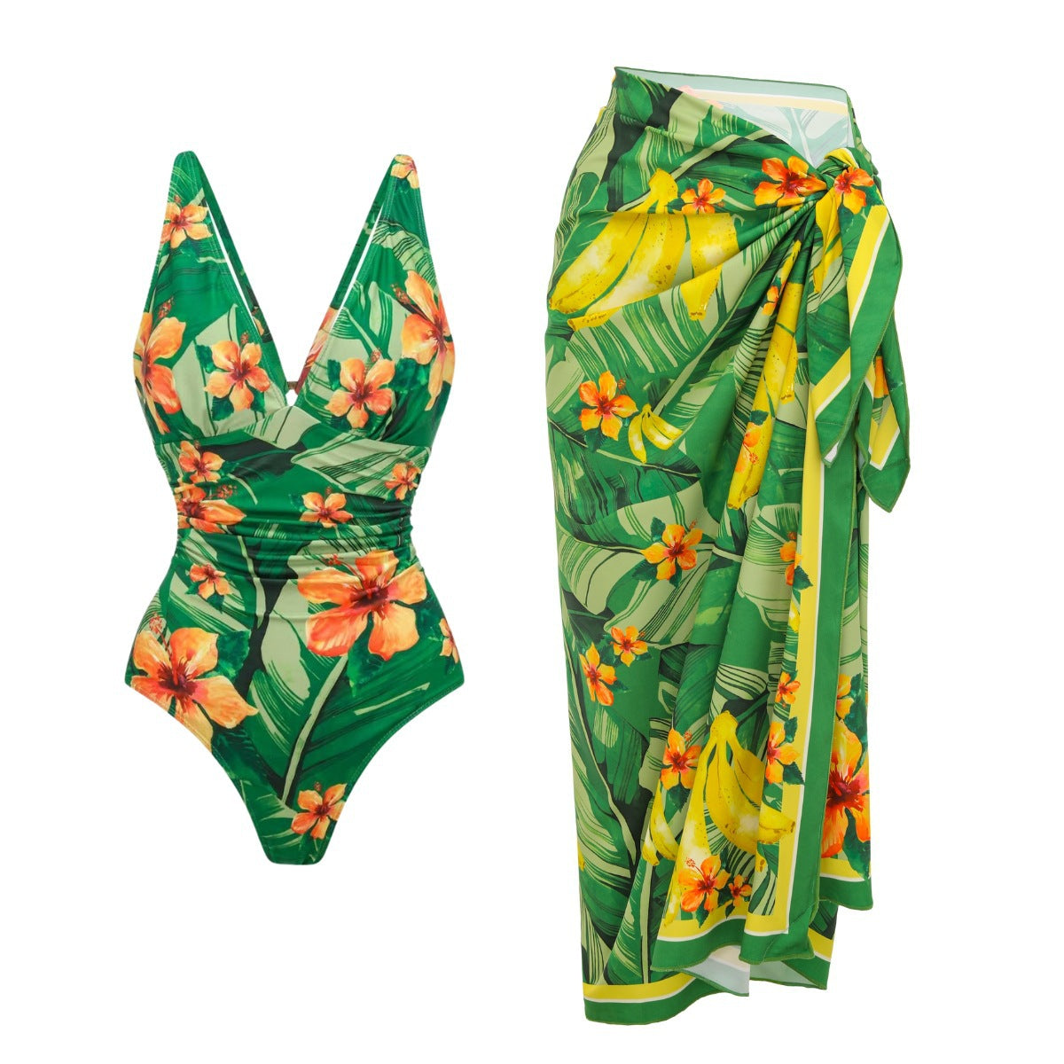 Green Single Shoulder Ruffle Design One-Piece Swimwear Set for Women
