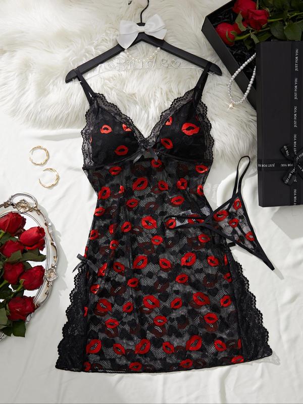 Women's Lip Print Lace Trim Cami Nightdress & Thong Sexy Lingerie Set-5