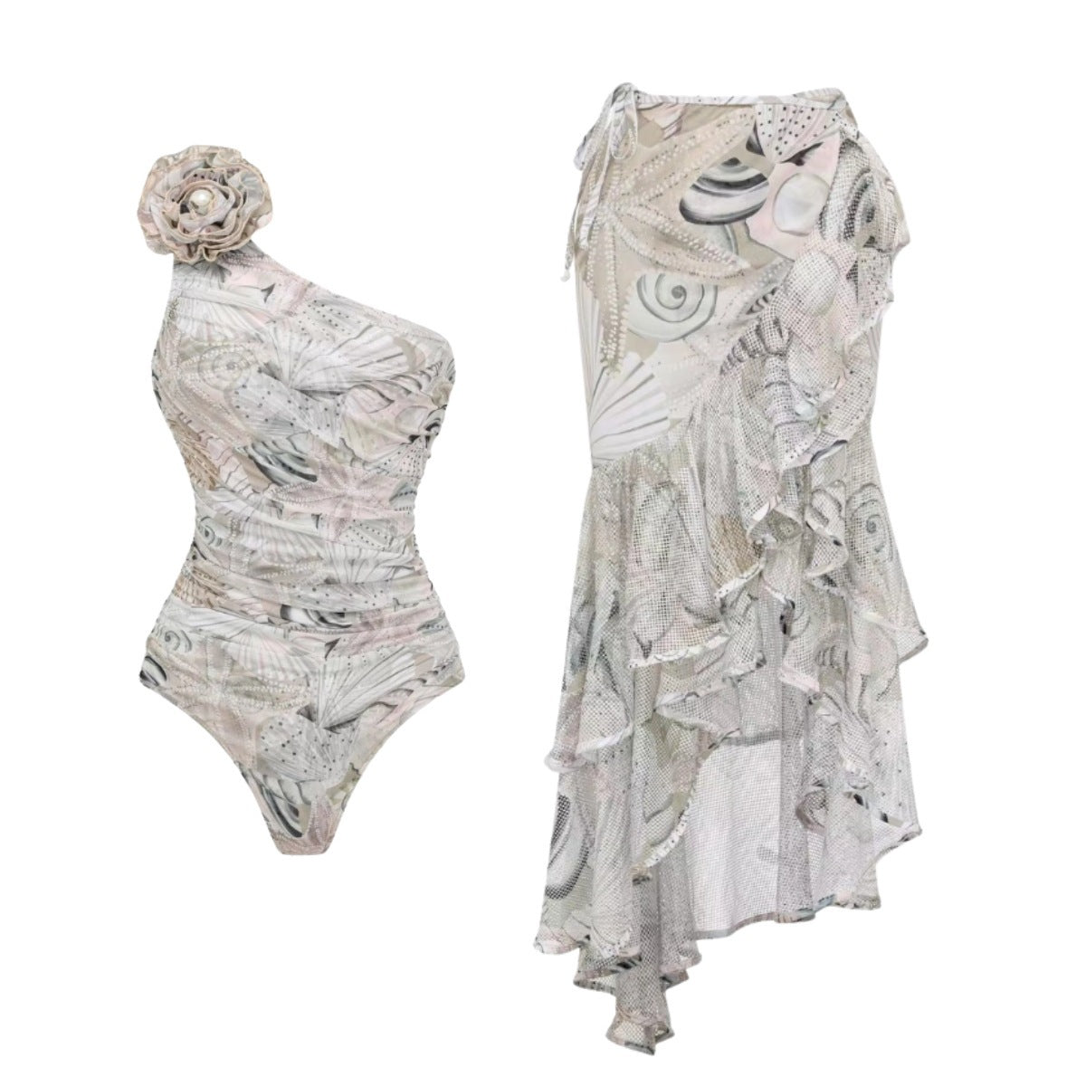 One-shoulder Pure Desire Vacation One-piece Swimsuit Set for Women, Bikini with Wrap Skirt-6
