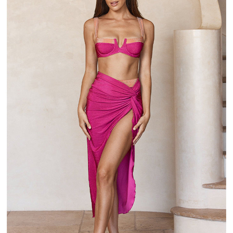 Chic Color-blocked Sparkly Bikini Set for Beach Vacation, Women's Swimwear Dress Style-1