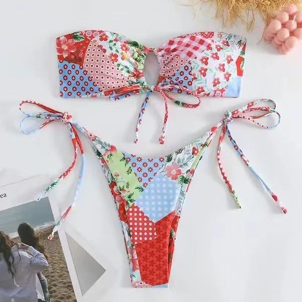 Strapless Bandeau Swimwear with Flower Print, Push-Up Design for Small Bust-5