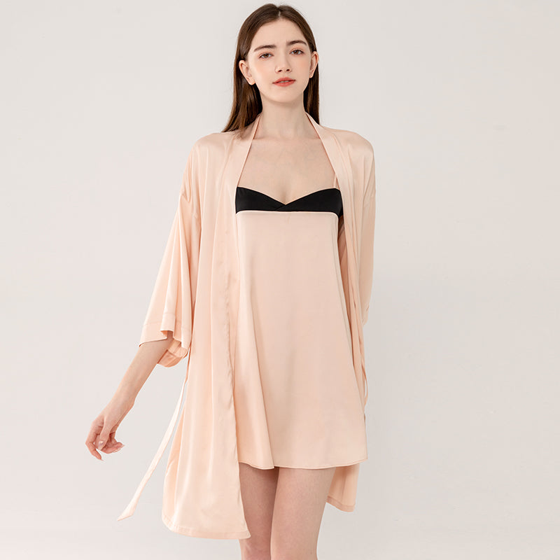 Sexy Luxury Satin Sleepwear Set, Champagne & Black Contrast, Elegant Loungewear-1